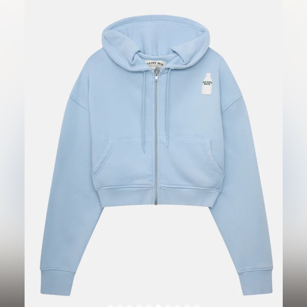 NWT Dairy Boy Milk Bottle cropped zip hoodie in Icy Blue